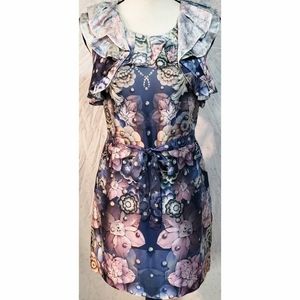 Anthropologie Leifsdottir Silk Ruffle Shift Dress Floral Pearl Navy Blue